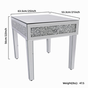 Square Mirrored End Table with Glass  Silver Mirror Tabletop, Quality Faux Diamond  Sofa/Couch/Bed Side Table for Living Room, Family Room & Bed Room