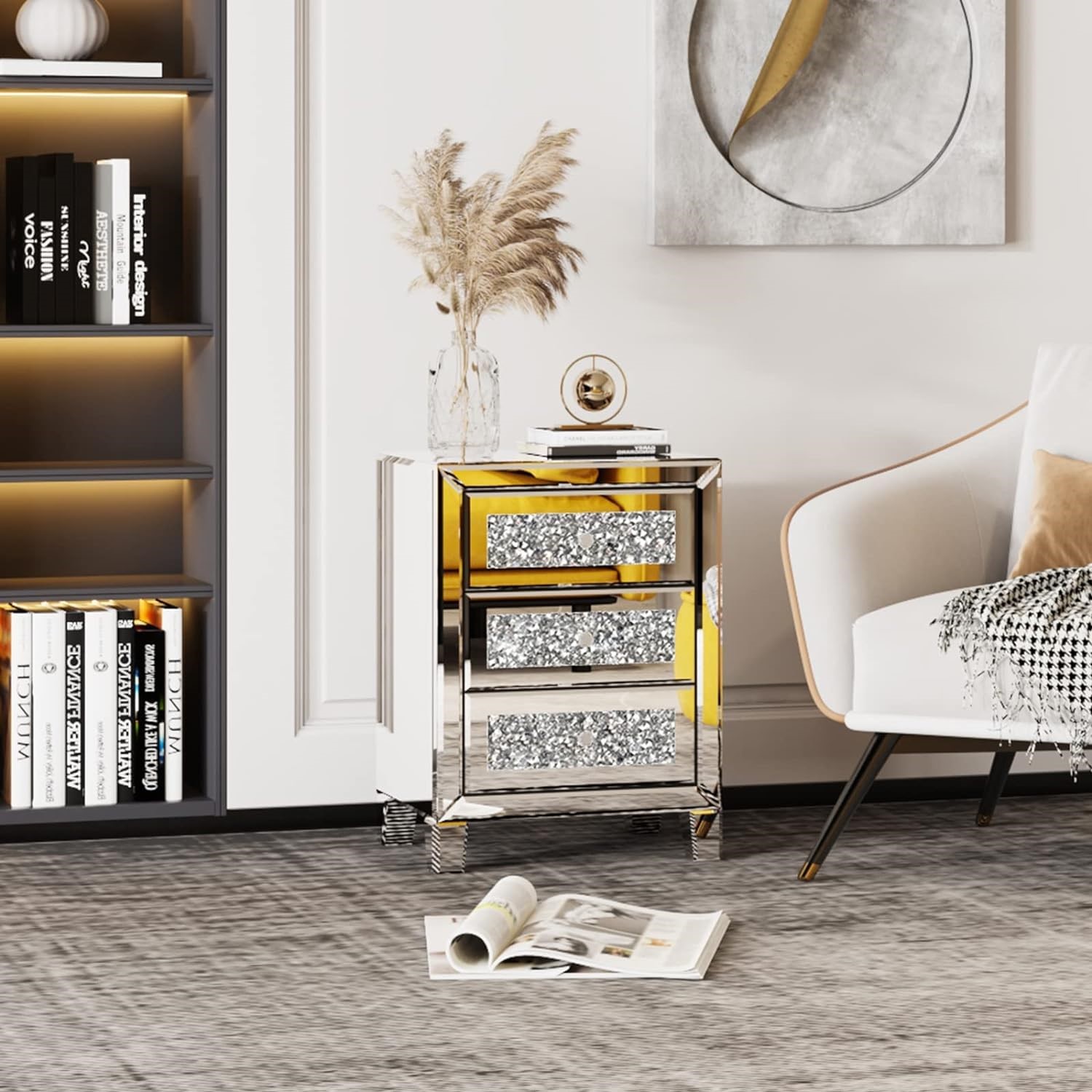 Modern Bedside Tables Quality Faux  Diamonds Silver Mirrored Night Stand  (One Piece)